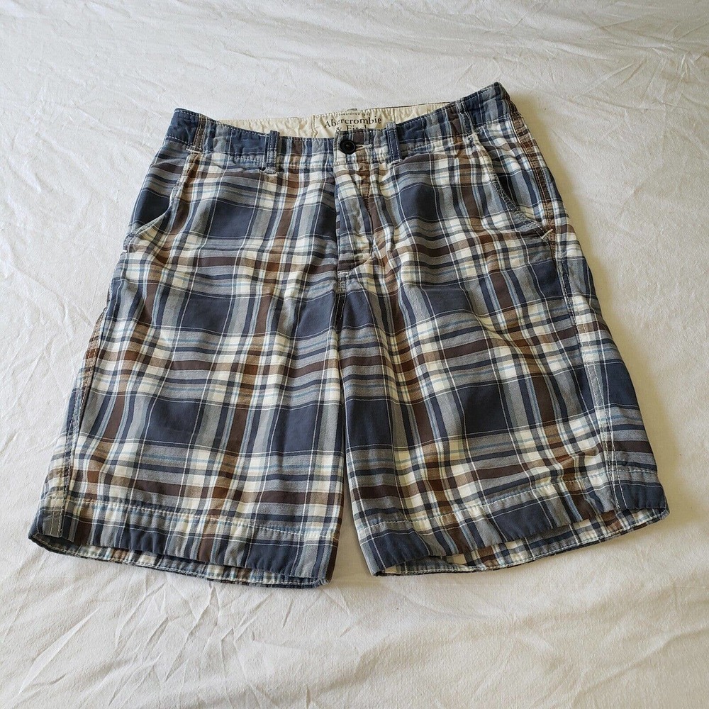 Abercrombie Fitch Mens Blue Plaid Chino Shorts Flat Front Button Fly Size 31